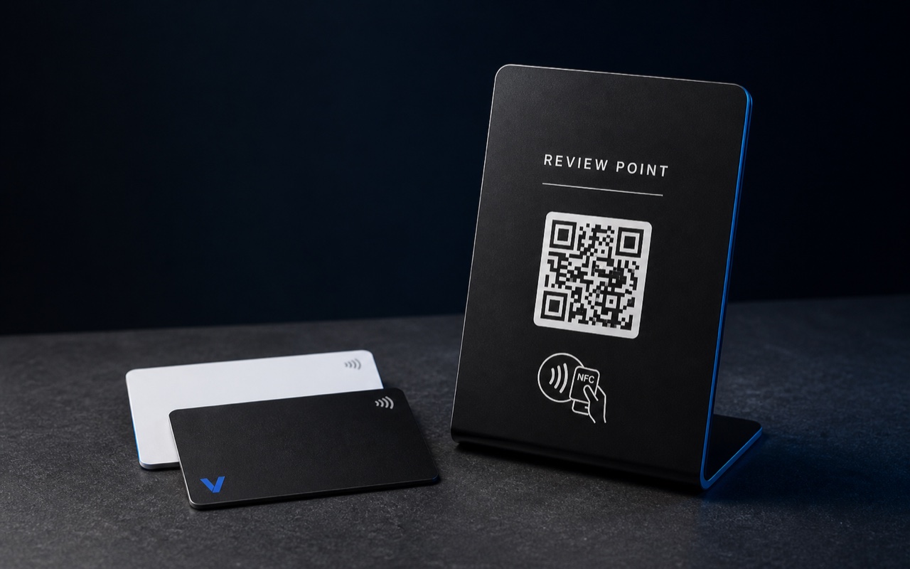 Vincivo Review Point and Smart Business Cards in a dark studio product visualization