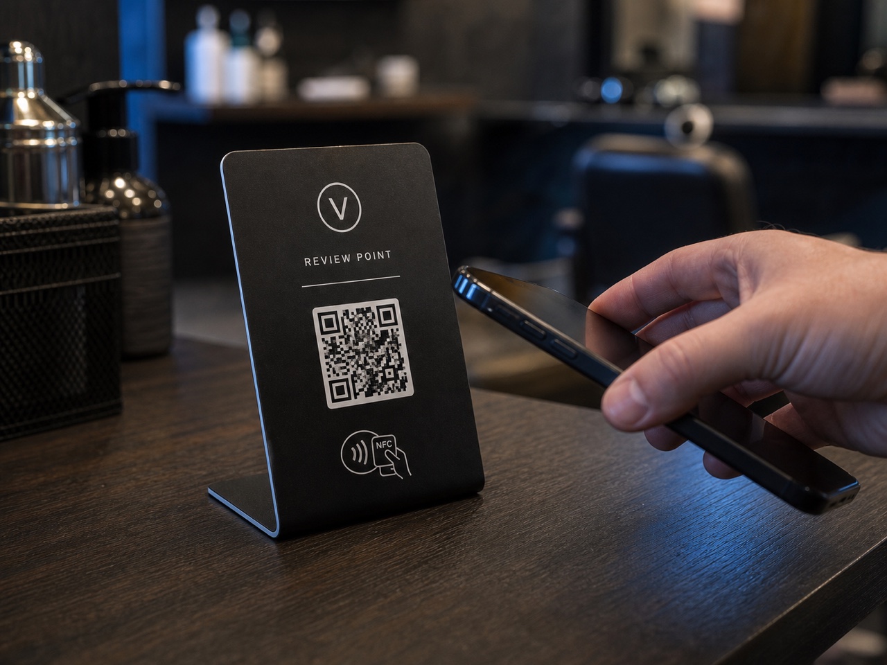 A phone approaching a Vincivo Review Point on a local business counter