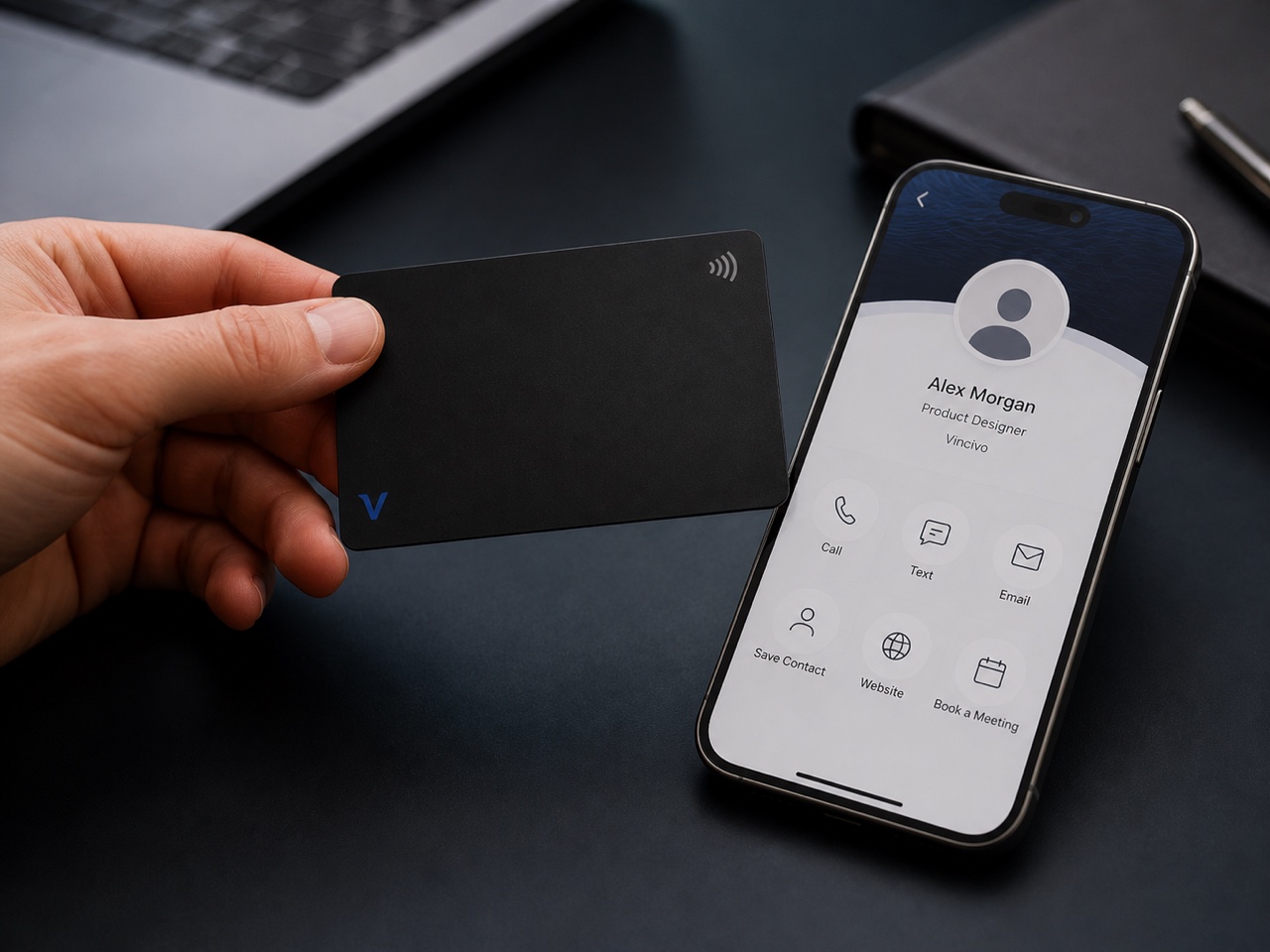 Vincivo Smart Business Card next to a generic Living Profile on a phone